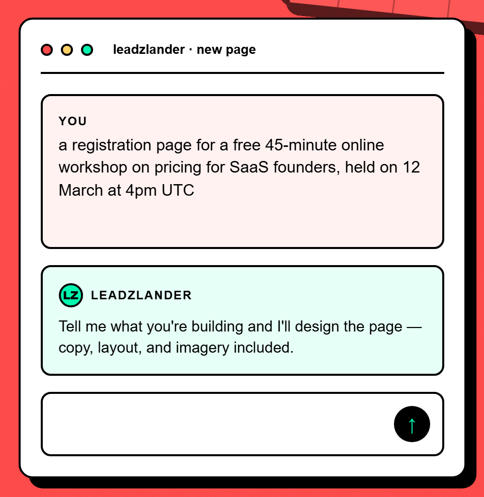 The LeadzLander home page composer with the brief “a registration page for a free online workshop on SaaS pricing” typed into it